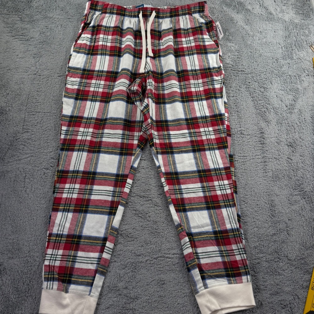 Old Navy Pajama Pants Men Large Red White Plaid New Flannel Jogger Sleepwear